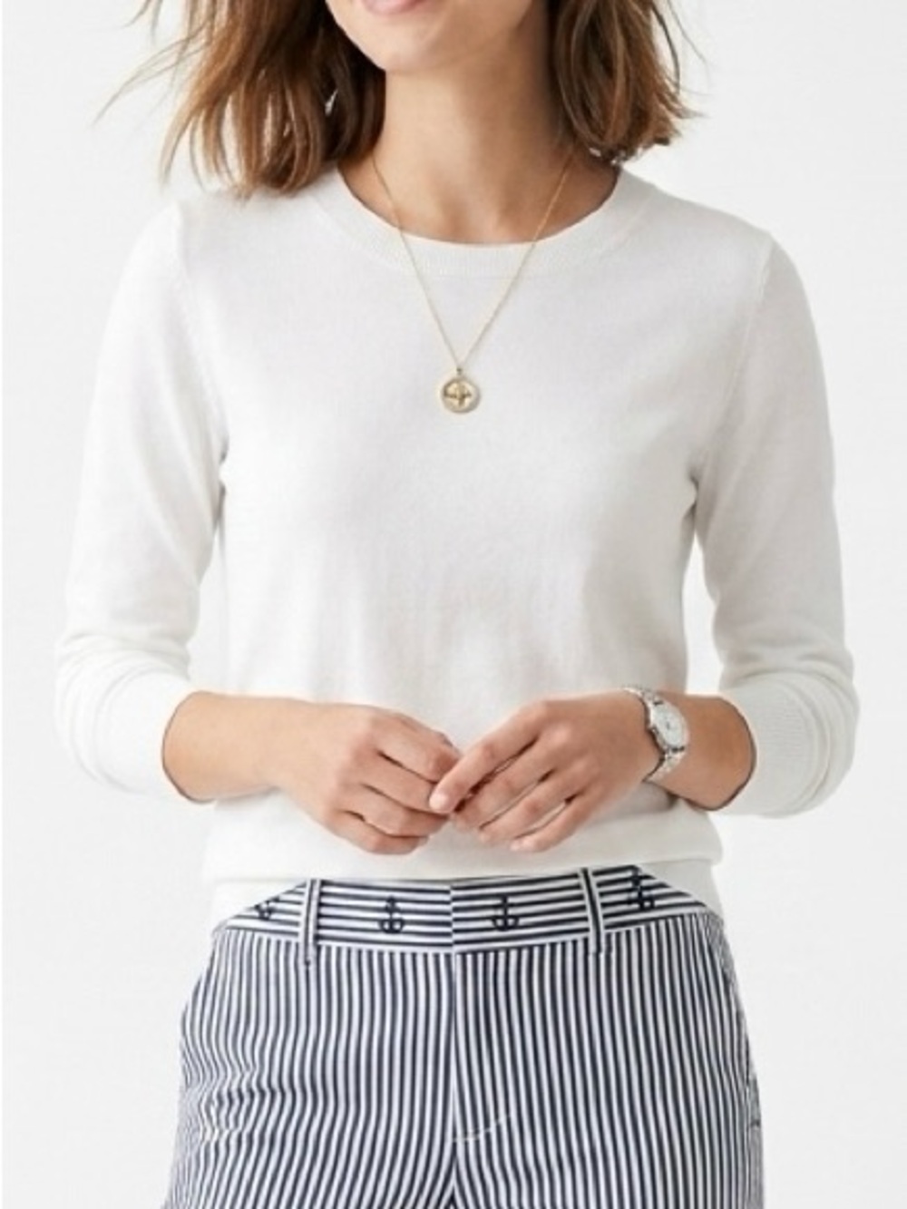 J. by J.Crew 100% Cotton Teddie Knit Crewneck Sweater White Minimalist M